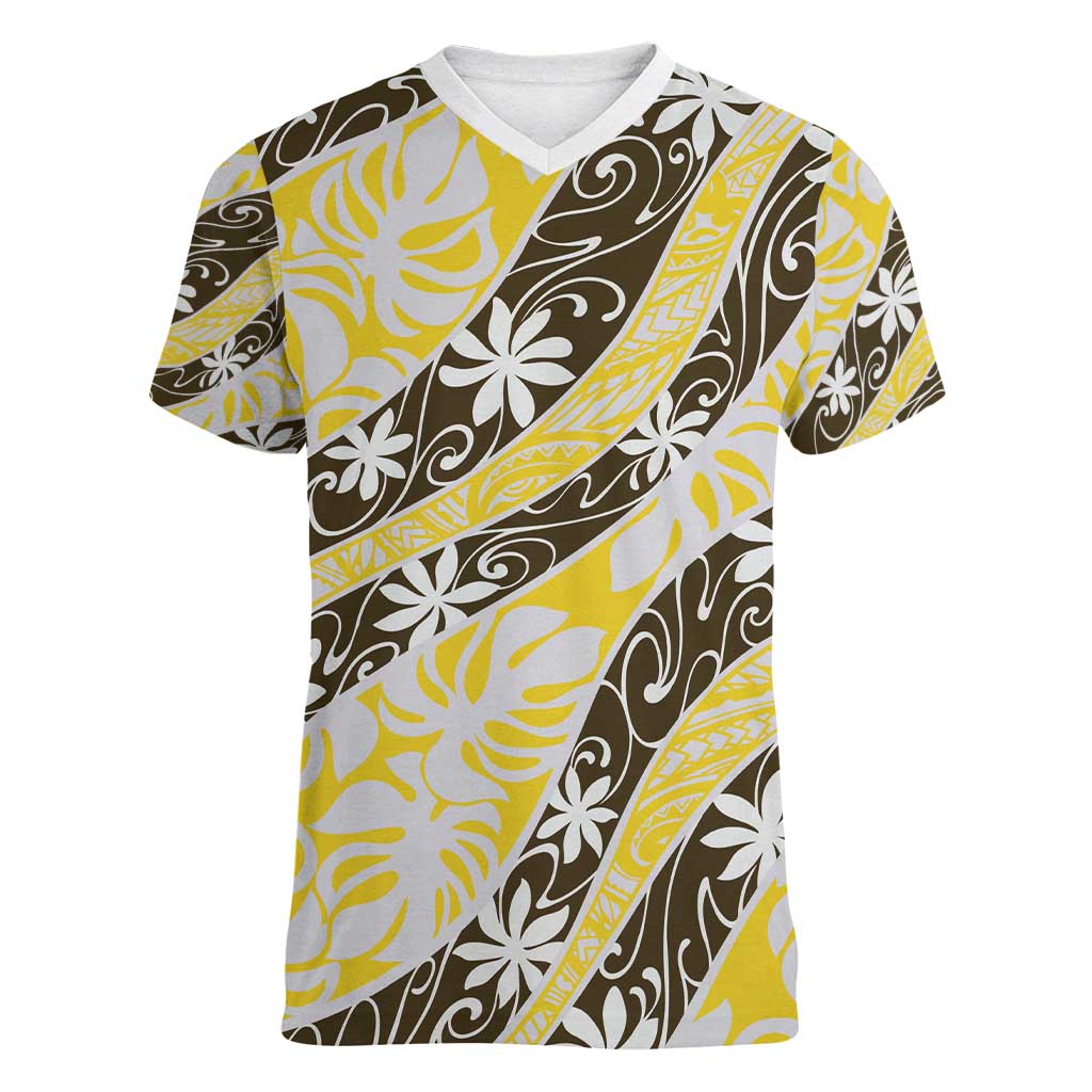 Rearea Tahiti Tiare Monstera Women V-Neck T-Shirt Polynesian Pattern Curve Style - Polynesian Pride
