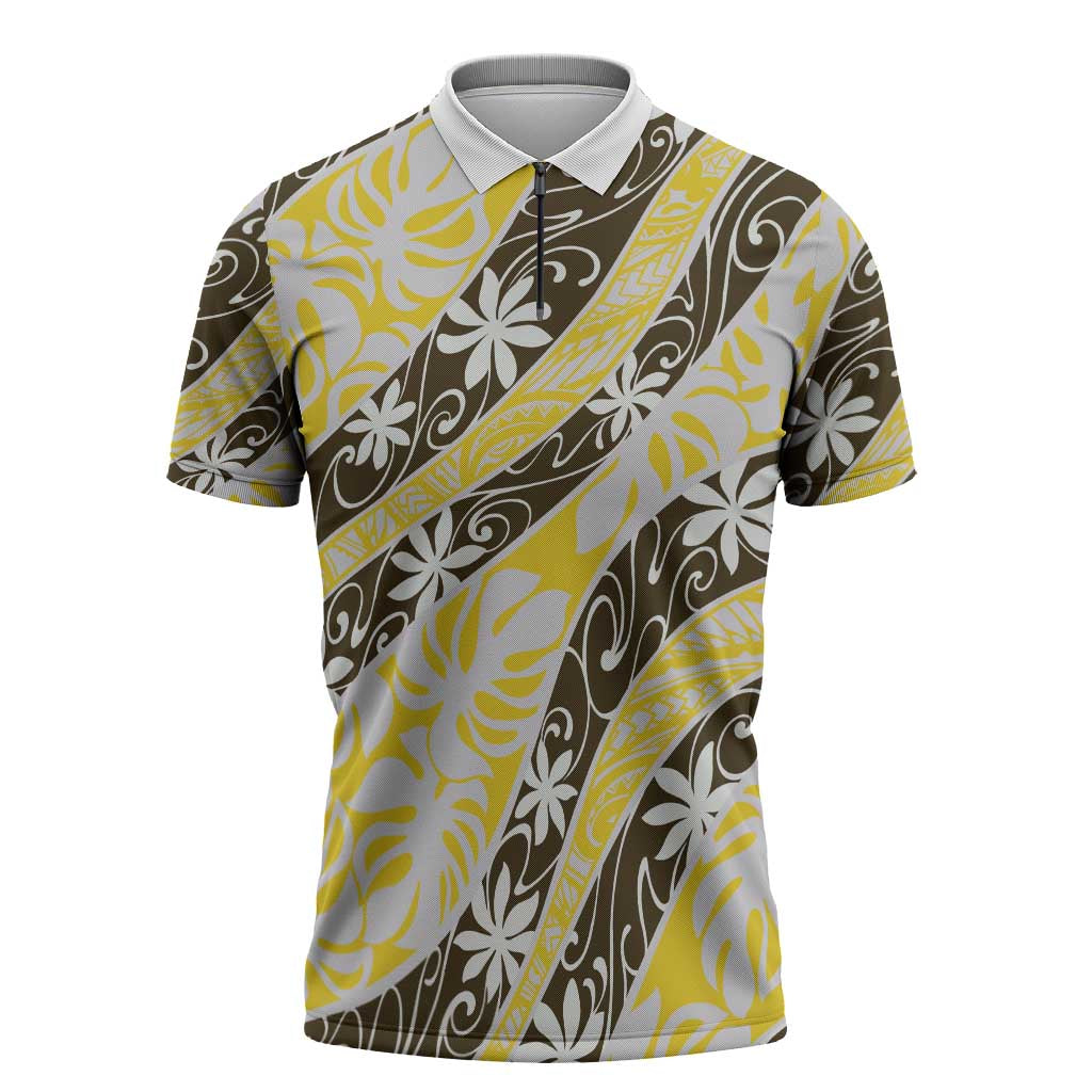 Rearea Tahiti Tiare Monstera Zipper Polo Shirt Polynesian Pattern Curve Style - Polynesian Pride