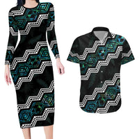 Personalised Taniko Aotearoa Mix Paua Shell Couples Matching Long Sleeve Bodycon Dress and Hawaiian Shirt Niho Taniwha Turquoise Glitter