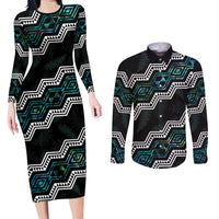 Personalised Taniko Aotearoa Mix Paua Shell Couples Matching Long Sleeve Bodycon Dress and Long Sleeve Button Shirt Niho Taniwha Turquoise Glitter