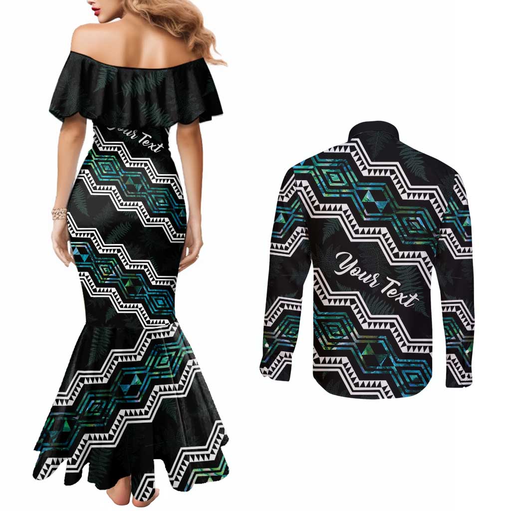 Personalised Taniko Aotearoa Mix Paua Shell Couples Matching Mermaid Dress and Long Sleeve Button Shirt Niho Taniwha Turquoise Glitter