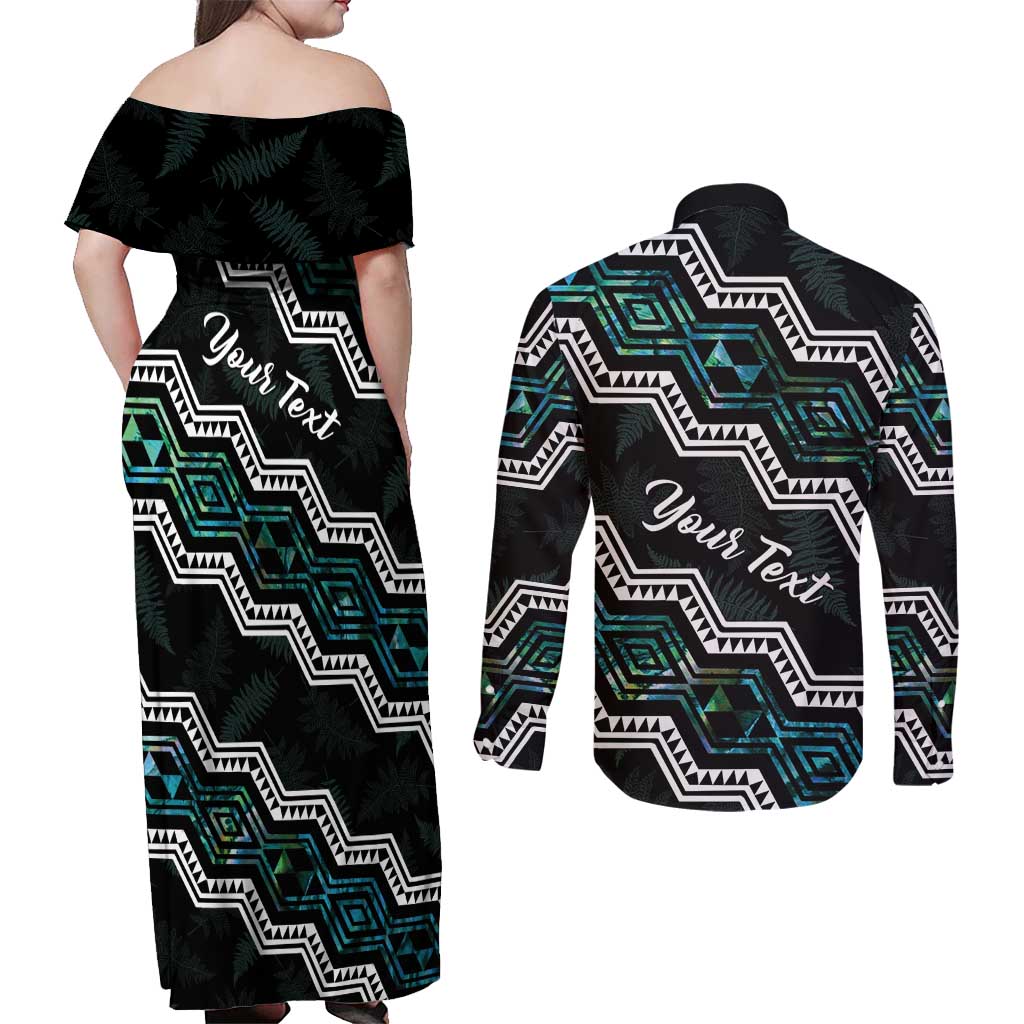 Personalised Taniko Aotearoa Mix Paua Shell Couples Matching Off Shoulder Maxi Dress and Long Sleeve Button Shirt Niho Taniwha Turquoise Glitter