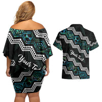 Personalised Taniko Aotearoa Mix Paua Shell Couples Matching Off Shoulder Short Dress and Hawaiian Shirt Niho Taniwha Turquoise Glitter