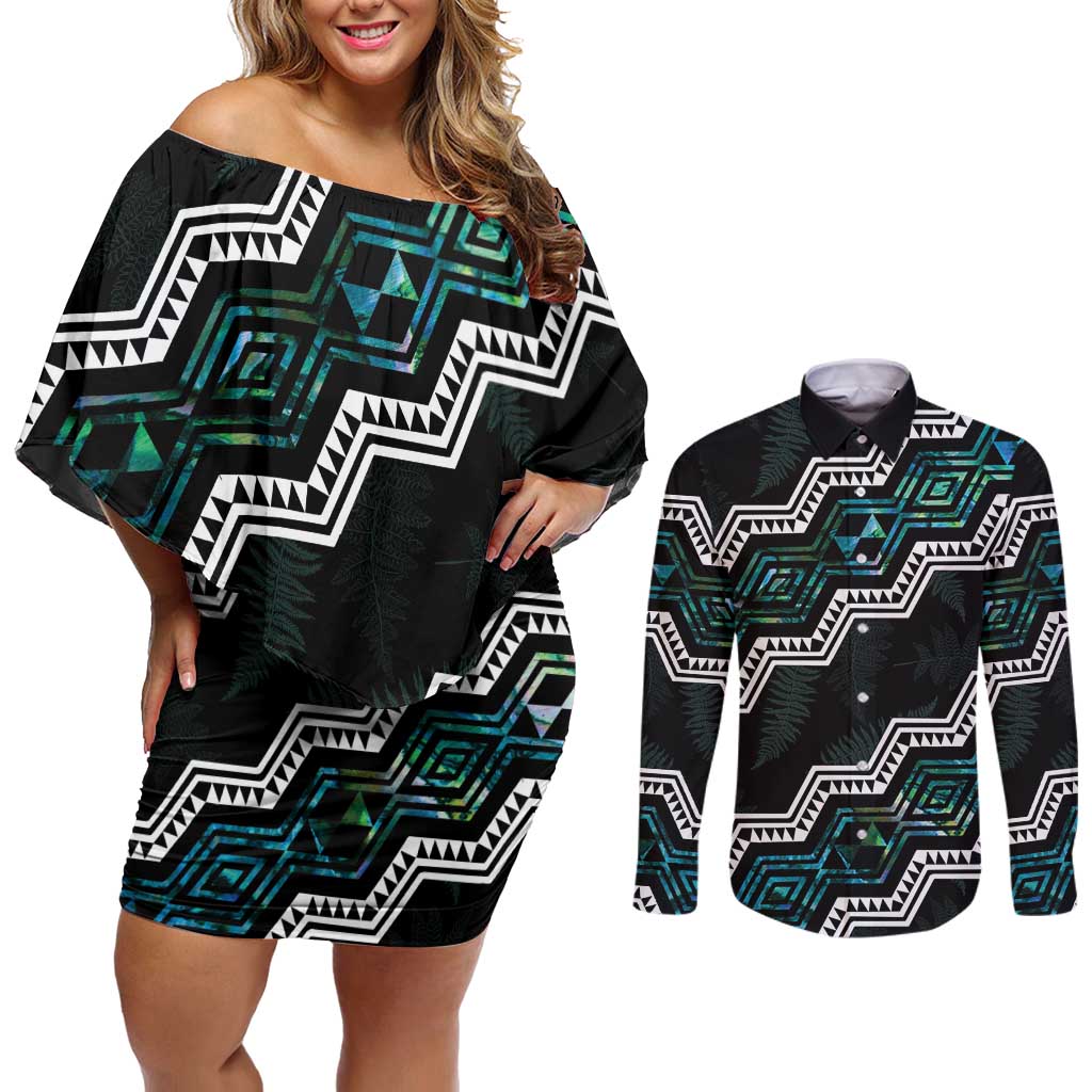 Personalised Taniko Aotearoa Mix Paua Shell Couples Matching Off Shoulder Short Dress and Long Sleeve Button Shirt Niho Taniwha Turquoise Glitter