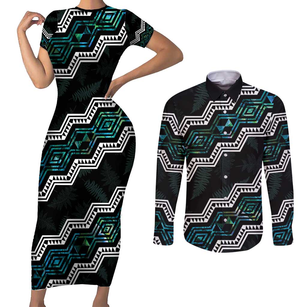 Personalised Taniko Aotearoa Mix Paua Shell Couples Matching Short Sleeve Bodycon Dress and Long Sleeve Button Shirt Niho Taniwha Turquoise Glitter