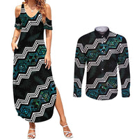 Personalised Taniko Aotearoa Mix Paua Shell Couples Matching Summer Maxi Dress and Long Sleeve Button Shirt Niho Taniwha Turquoise Glitter