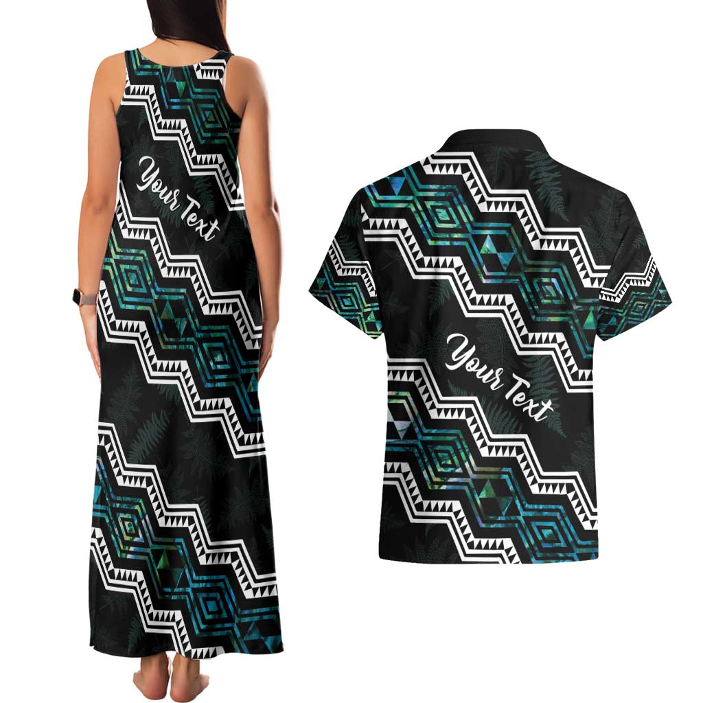 Personalised Taniko Aotearoa Mix Paua Shell Couples Matching Tank Maxi Dress and Hawaiian Shirt Niho Taniwha Turquoise Glitter