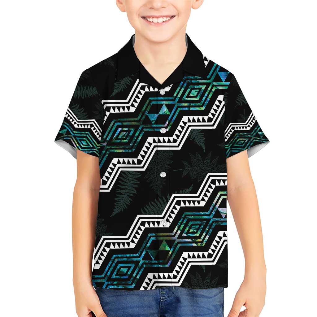 Personalised Taniko Aotearoa Mix Paua Shell Kid Hawaiian Shirt Niho Taniwha Turquoise Glitter