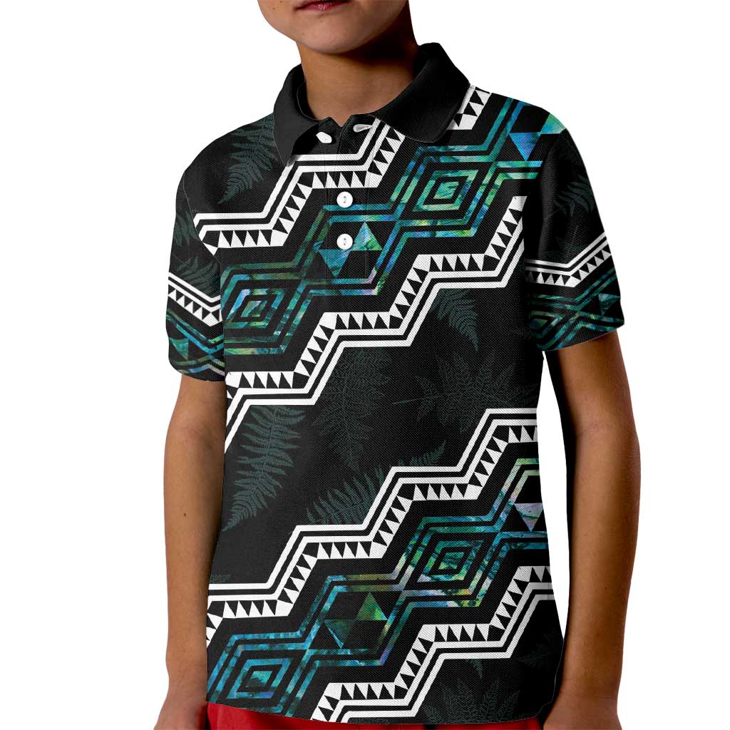 Personalised Taniko Aotearoa Mix Paua Shell Kid Polo Shirt Niho Taniwha Turquoise Glitter