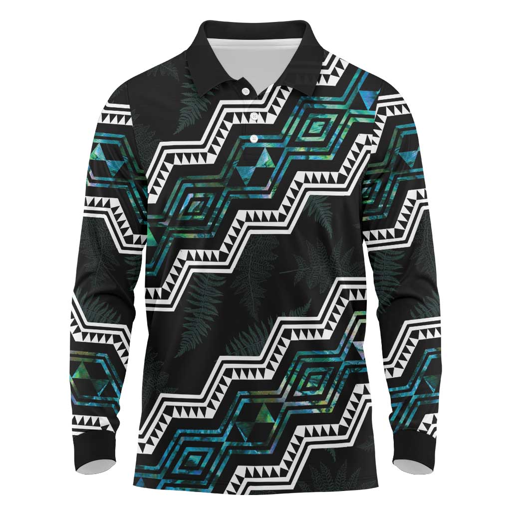 Personalised Taniko Aotearoa Mix Paua Shell Long Sleeve Polo Shirt Niho Taniwha Turquoise Glitter