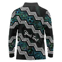 Personalised Taniko Aotearoa Mix Paua Shell Long Sleeve Polo Shirt Niho Taniwha Turquoise Glitter
