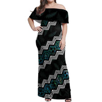 Personalised Taniko Aotearoa Mix Paua Shell Off Shoulder Maxi Dress Niho Taniwha Turquoise Glitter