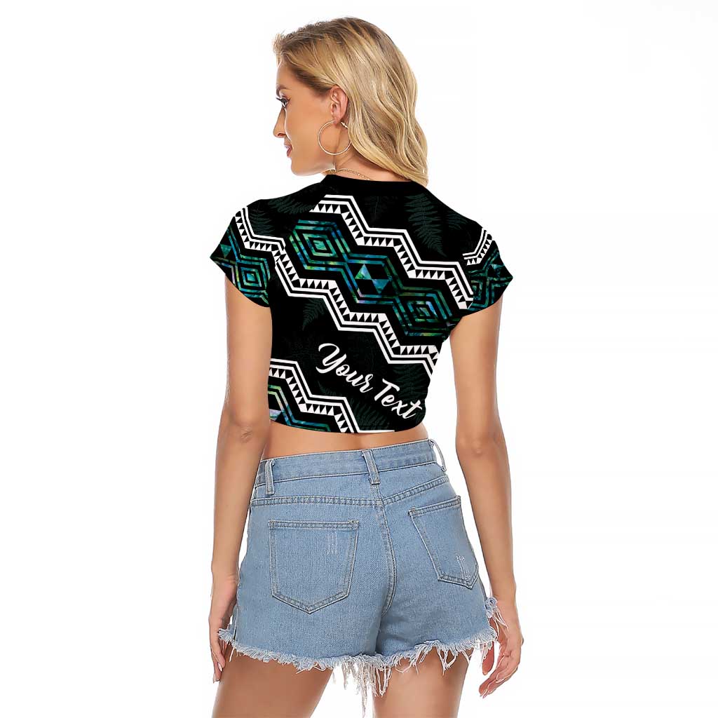 Personalised Taniko Aotearoa Mix Paua Shell Raglan Cropped T Shirt Niho Taniwha Turquoise Glitter LT01 - Polynesian Pride