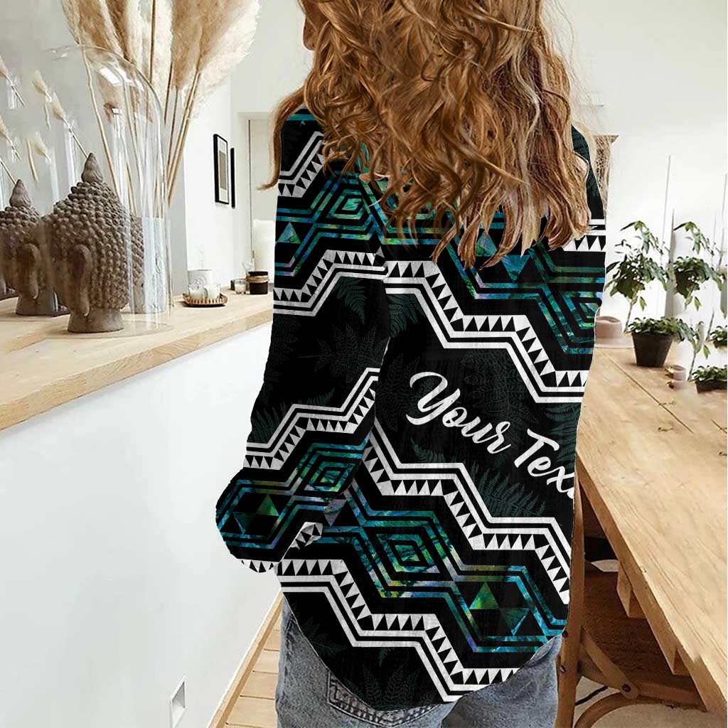 Personalised Taniko Aotearoa Mix Paua Shell Women Casual Shirt Niho Taniwha Turquoise Glitter