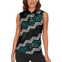 Personalised Taniko Aotearoa Mix Paua Shell Women Sleeveless Polo Shirt Niho Taniwha Turquoise Glitter