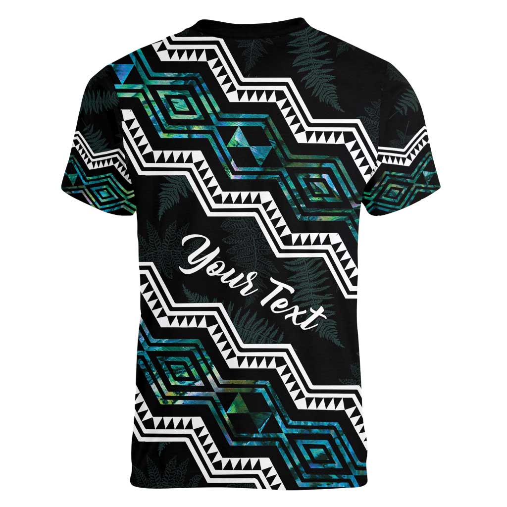 Personalised Taniko Aotearoa Mix Paua Shell Women V-Neck T-Shirt Niho Taniwha Turquoise Glitter LT01 - Polynesian Pride