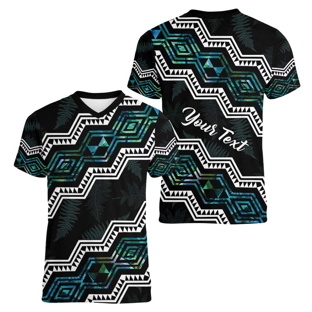 Personalised Taniko Aotearoa Mix Paua Shell Women V-Neck T-Shirt Niho Taniwha Turquoise Glitter LT01 - Polynesian Pride