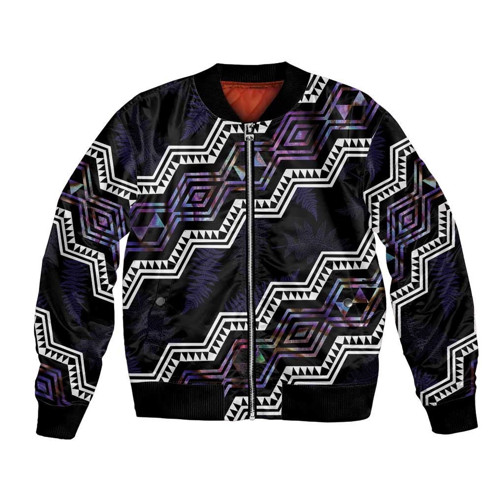 Personalised Taniko Aotearoa Mix Paua Shell Bomber Jacket Niho Taniwha Lilac Glitter