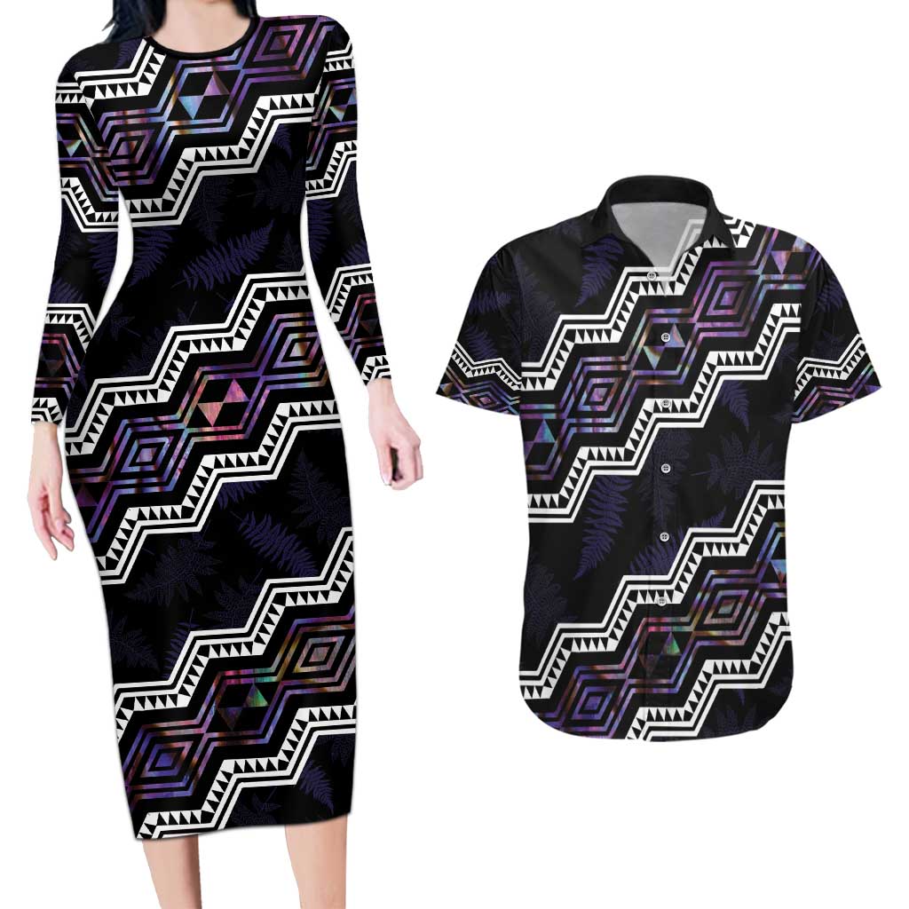 Personalised Taniko Aotearoa Mix Paua Shell Couples Matching Long Sleeve Bodycon Dress and Hawaiian Shirt Niho Taniwha Lilac Glitter