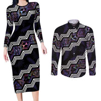 Personalised Taniko Aotearoa Mix Paua Shell Couples Matching Long Sleeve Bodycon Dress and Long Sleeve Button Shirt Niho Taniwha Lilac Glitter