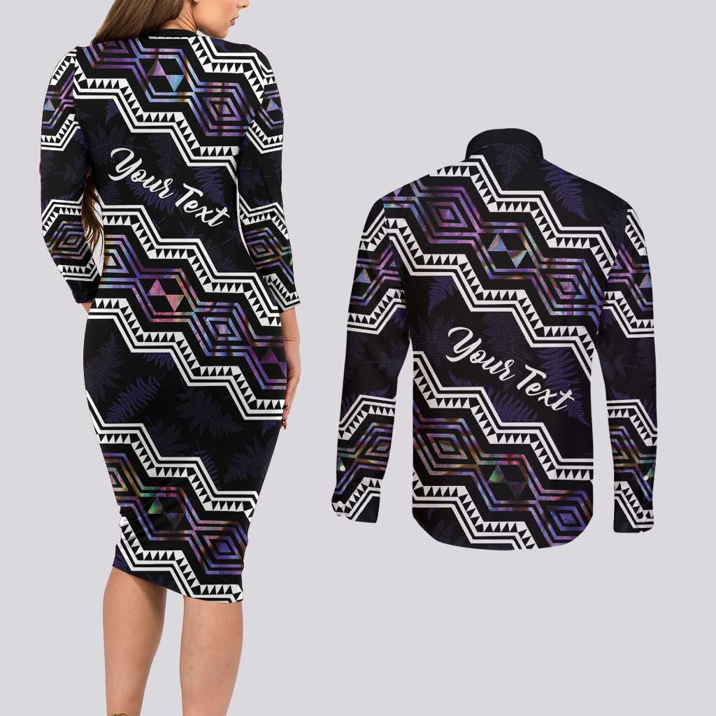 Personalised Taniko Aotearoa Mix Paua Shell Couples Matching Long Sleeve Bodycon Dress and Long Sleeve Button Shirt Niho Taniwha Lilac Glitter