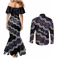 Personalised Taniko Aotearoa Mix Paua Shell Couples Matching Mermaid Dress and Long Sleeve Button Shirt Niho Taniwha Lilac Glitter