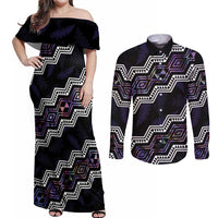 Personalised Taniko Aotearoa Mix Paua Shell Couples Matching Off Shoulder Maxi Dress and Long Sleeve Button Shirt Niho Taniwha Lilac Glitter