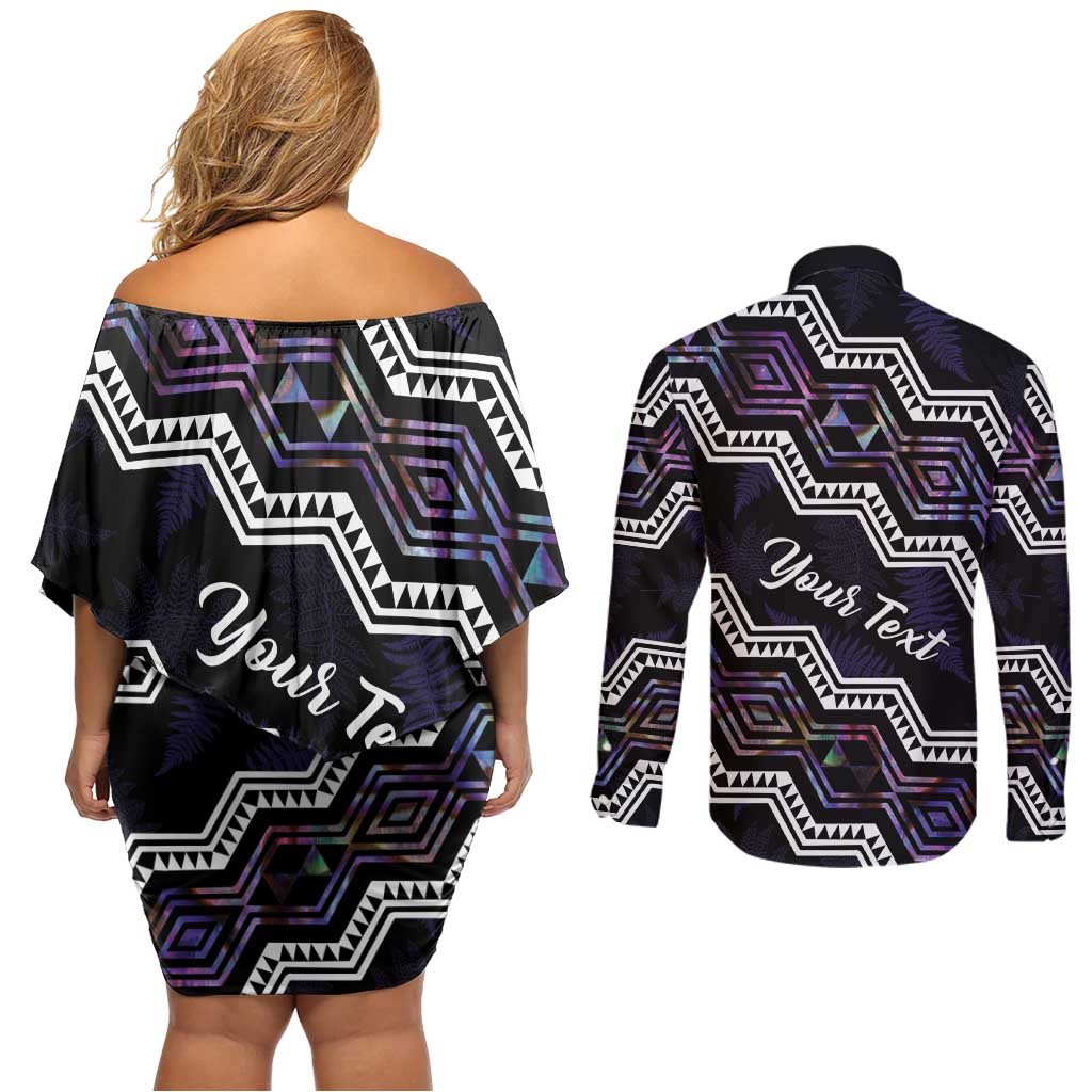 Personalised Taniko Aotearoa Mix Paua Shell Couples Matching Off Shoulder Short Dress and Long Sleeve Button Shirt Niho Taniwha Lilac Glitter