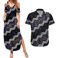 Personalised Taniko Aotearoa Mix Paua Shell Couples Matching Summer Maxi Dress and Hawaiian Shirt Niho Taniwha Lilac Glitter