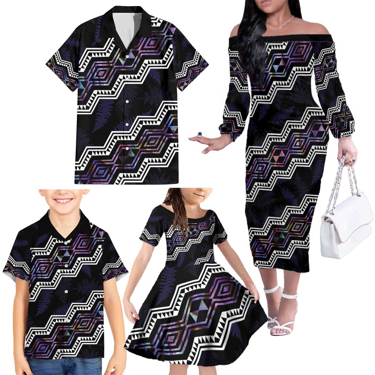 Personalised Taniko Aotearoa Mix Paua Shell Family Matching Off The Shoulder Long Sleeve Dress and Hawaiian Shirt Niho Taniwha Lilac Glitter