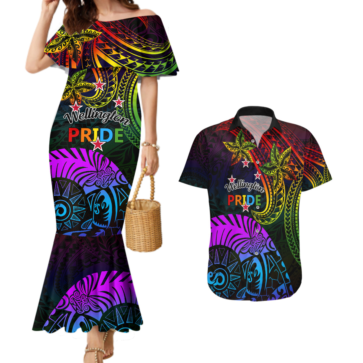 Wellington Pride Couples Matching Mermaid Dress and Hawaiian Shirt Aotearoa Tribal Rainbow Pattern LT01 Black - Polynesian Pride