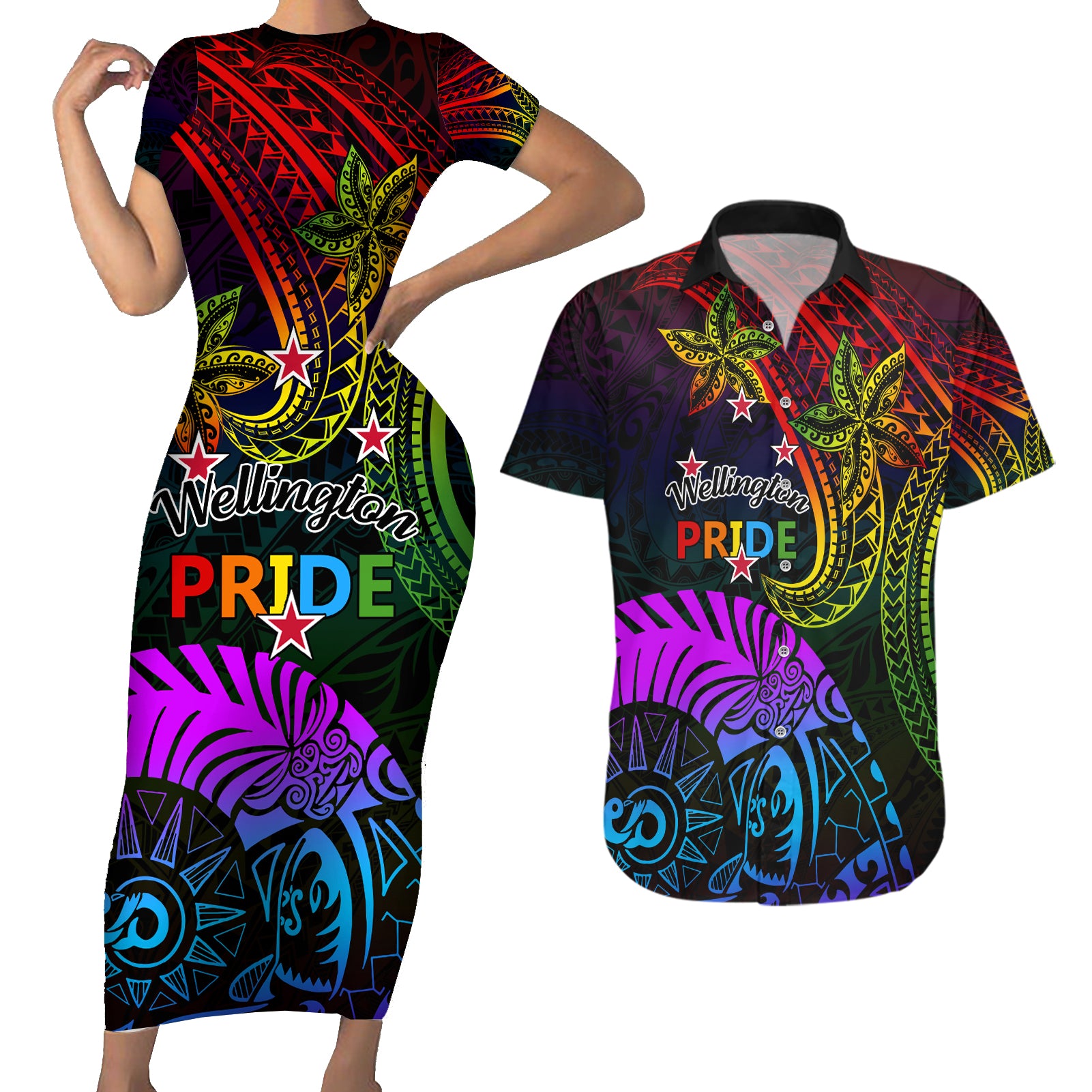 Wellington Pride Couples Matching Short Sleeve Bodycon Dress and Hawaiian Shirt Aotearoa Tribal Rainbow Pattern LT01 Black - Polynesian Pride