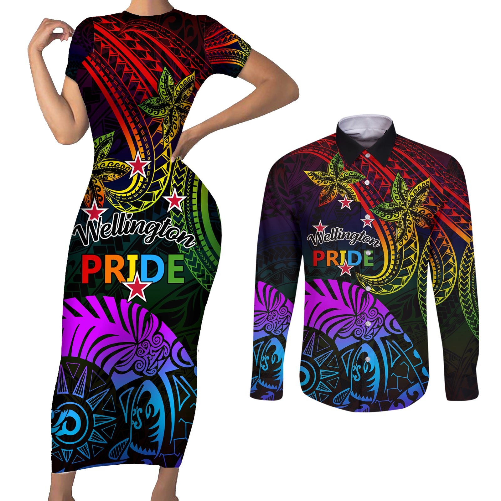 Wellington Pride Couples Matching Short Sleeve Bodycon Dress and Long Sleeve Button Shirt Aotearoa Tribal Rainbow Pattern LT01 Black - Polynesian Pride