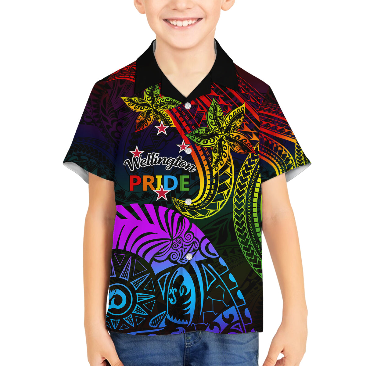 Wellington Pride Family Matching Long Sleeve Bodycon Dress and Hawaiian Shirt Aotearoa Tribal Rainbow Pattern LT01 Son's Shirt Black - Polynesian Pride