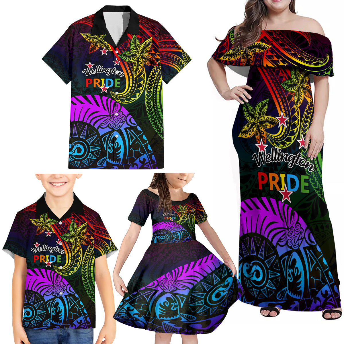 Wellington Pride Family Matching Off Shoulder Maxi Dress and Hawaiian Shirt Aotearoa Tribal Rainbow Pattern LT01 - Polynesian Pride