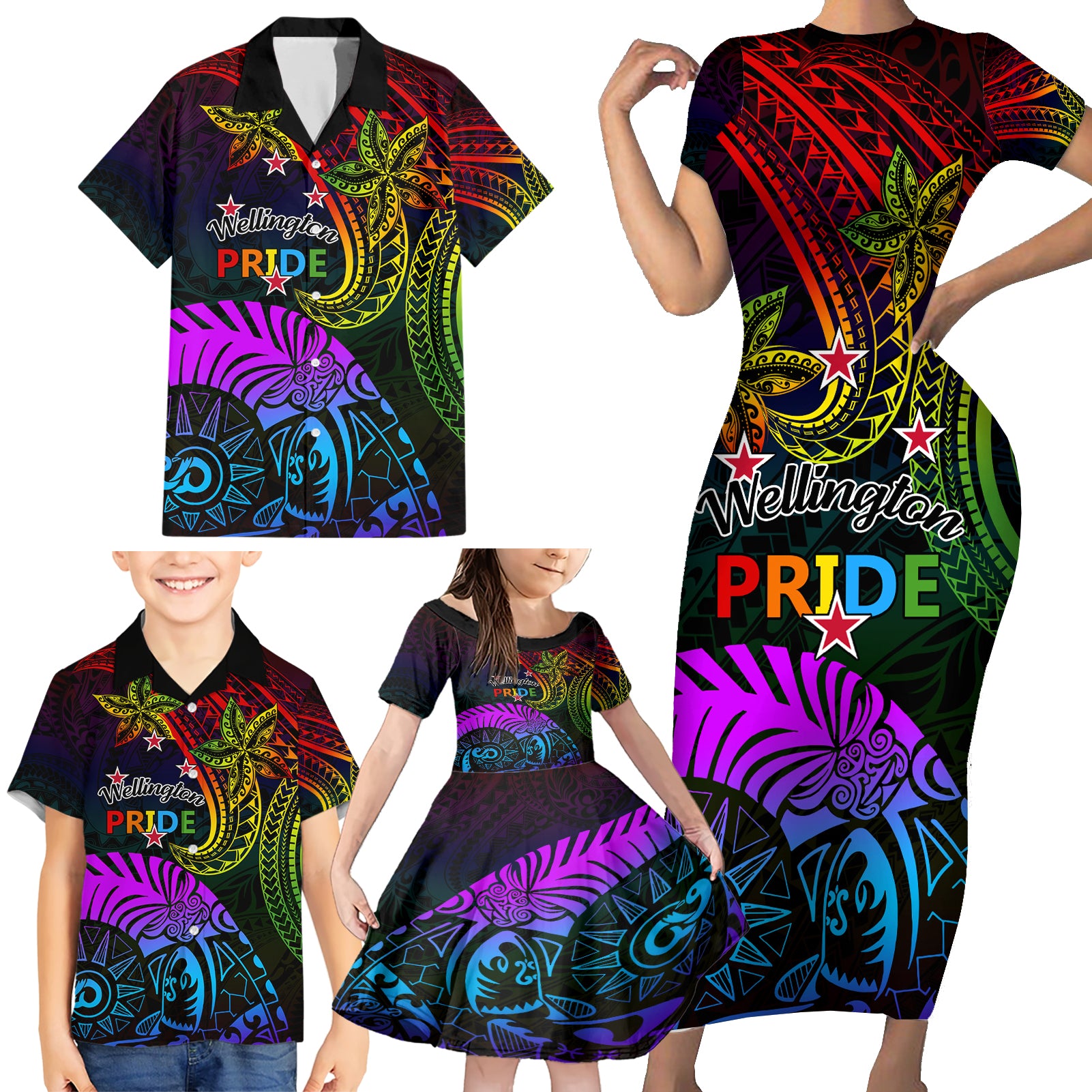 Wellington Pride Family Matching Short Sleeve Bodycon Dress and Hawaiian Shirt Aotearoa Tribal Rainbow Pattern LT01 - Polynesian Pride