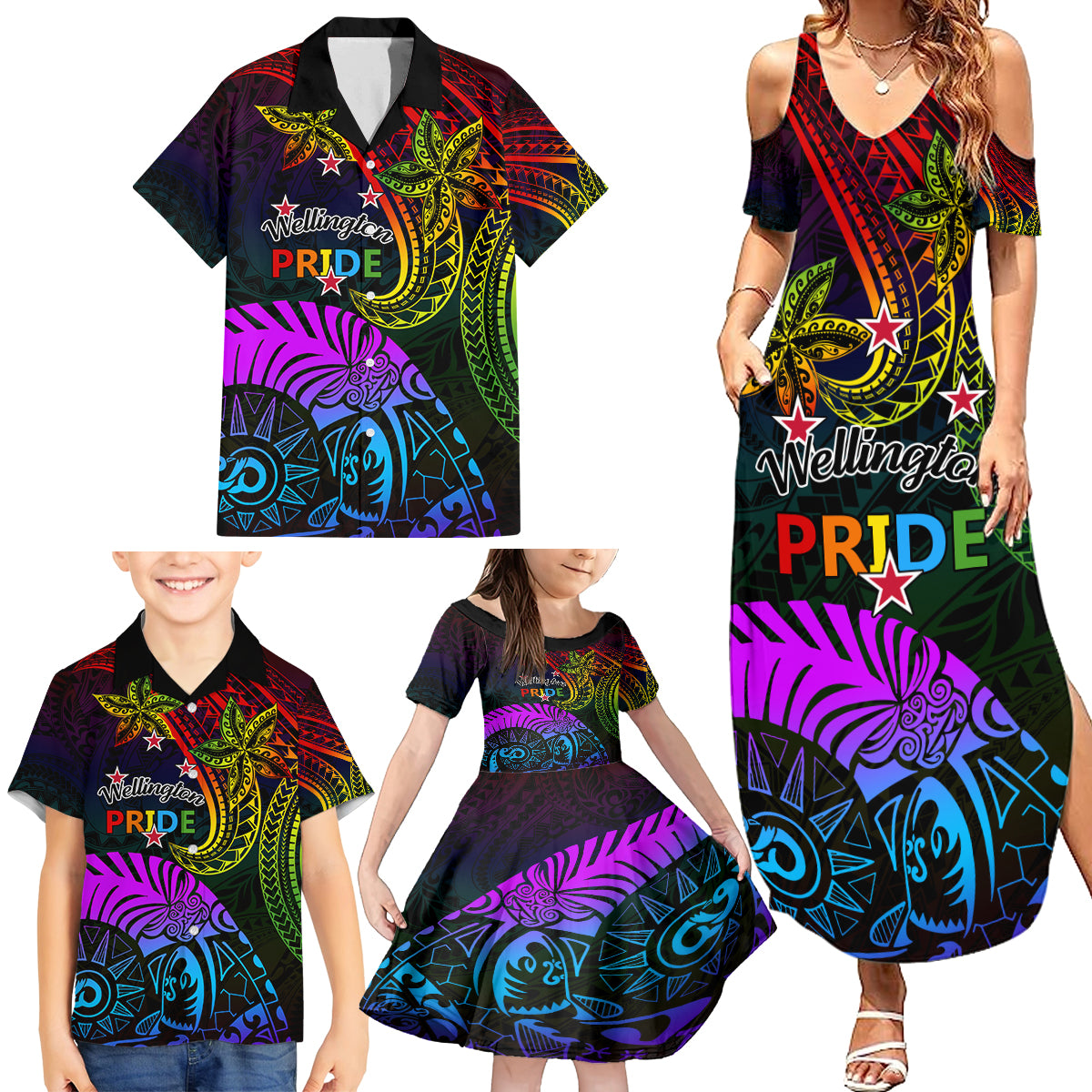 Wellington Pride Family Matching Summer Maxi Dress and Hawaiian Shirt Aotearoa Tribal Rainbow Pattern LT01 - Polynesian Pride