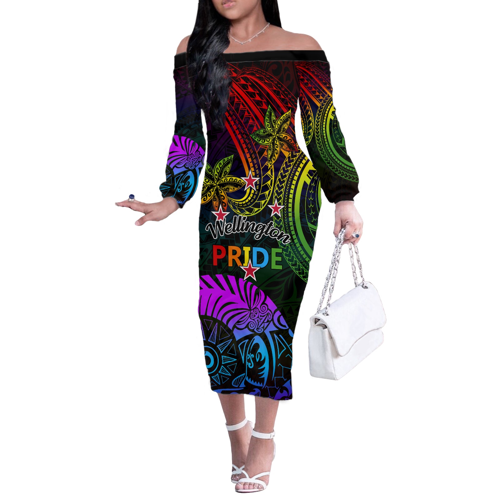 Wellington Pride Off The Shoulder Long Sleeve Dress Aotearoa Tribal Rainbow Pattern LT01 Women Black - Polynesian Pride