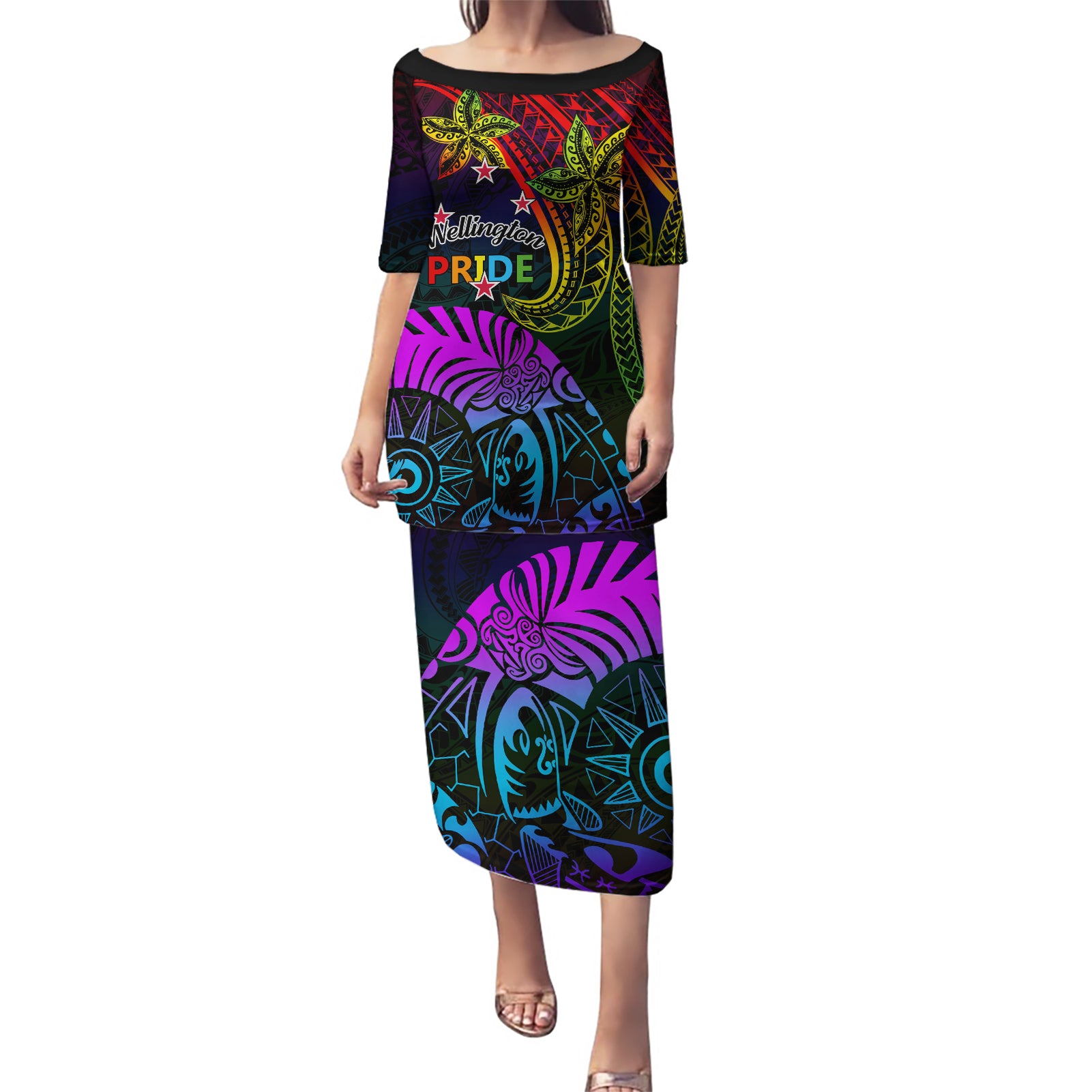 Wellington Pride Puletasi Aotearoa Tribal Rainbow Pattern LT01 Long Dress Black - Polynesian Pride