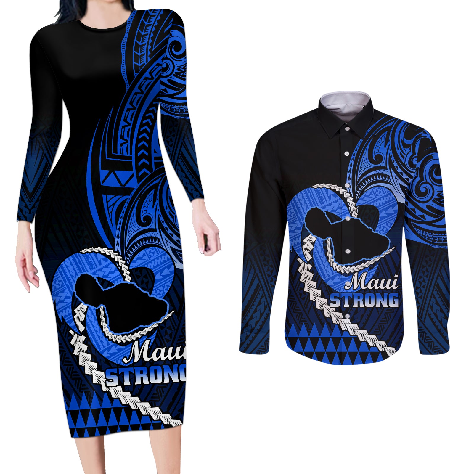 Personalised Hawaii Couples Matching Long Sleeve Bodycon Dress and Long Sleeve Button Shirts Maui Be Strong Kakau Blue Version LT01 Blue - Polynesian Pride