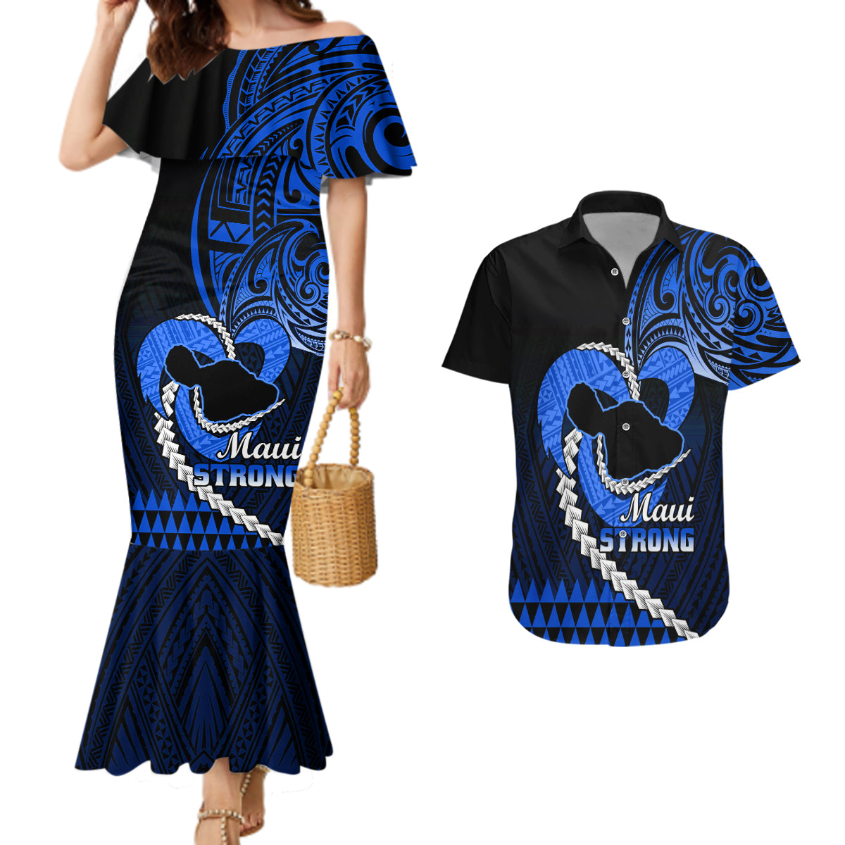 Personalised Hawaii Couples Matching Mermaid Dress and Hawaiian Shirt Maui Be Strong Kakau Blue Version LT01 Blue - Polynesian Pride