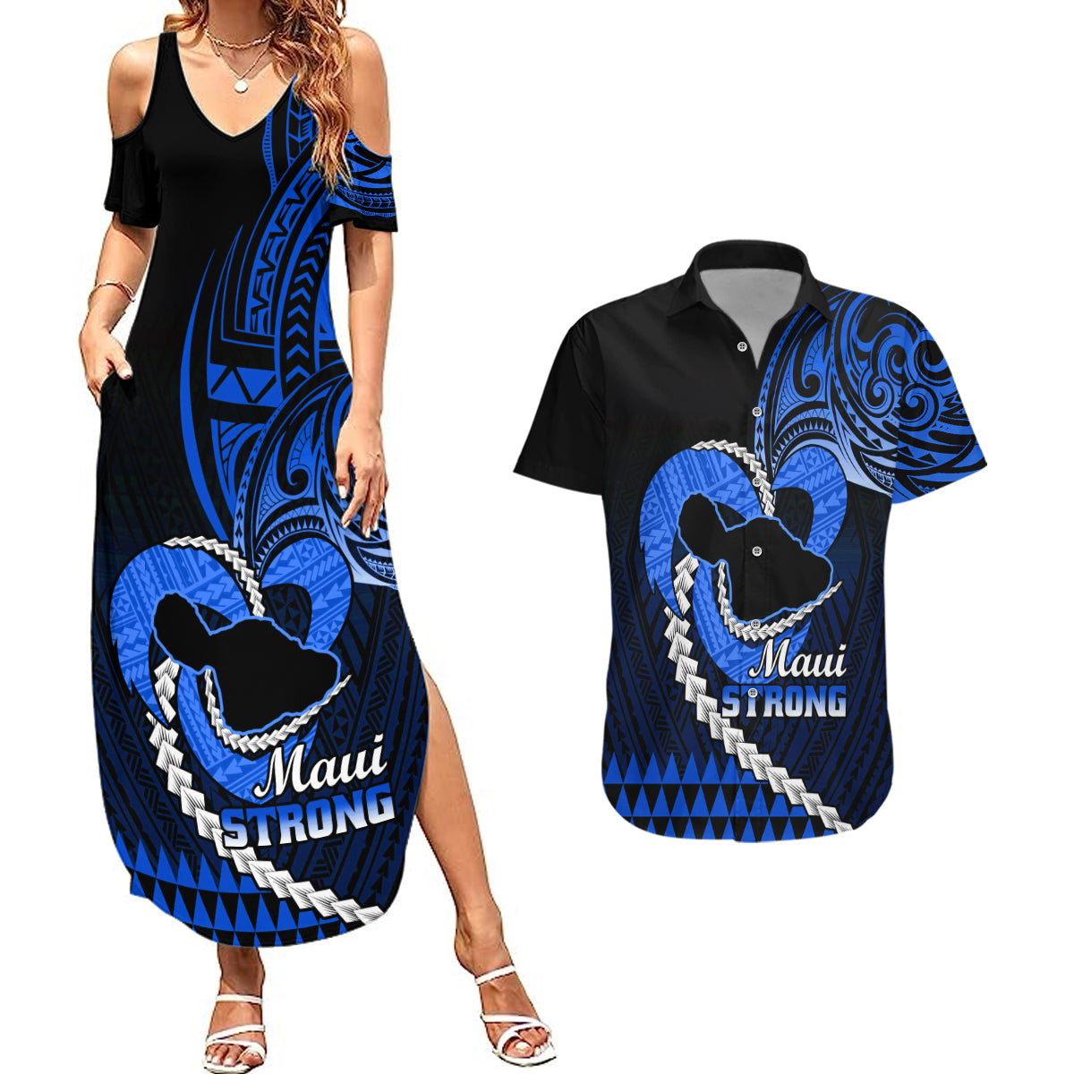 Personalised Hawaii Couples Matching Summer Maxi Dress and Hawaiian Shirt Maui Be Strong Kakau Blue Version LT01 Blue - Polynesian Pride