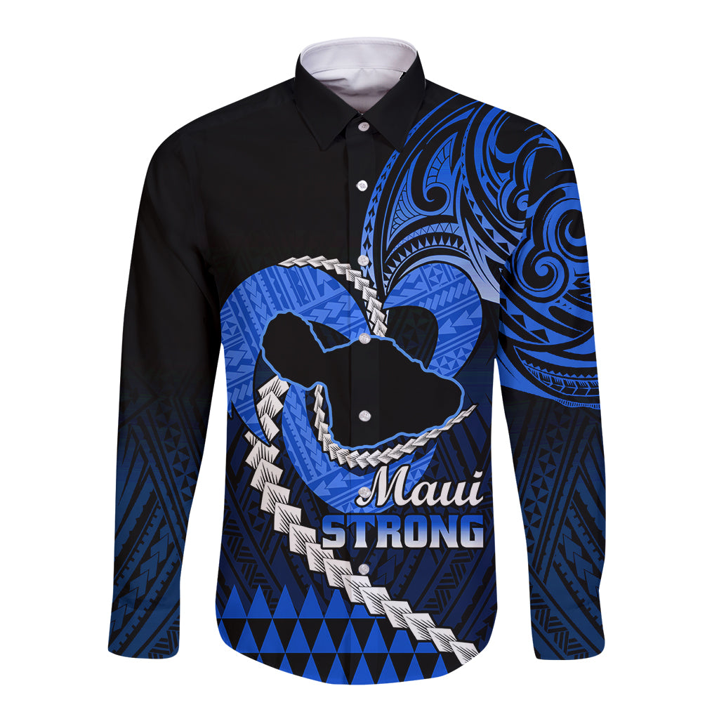 Personalised Hawaii Long Sleeve Button Shirt Maui Be Strong Kakau Blue Version LT01 Unisex Blue - Polynesian Pride