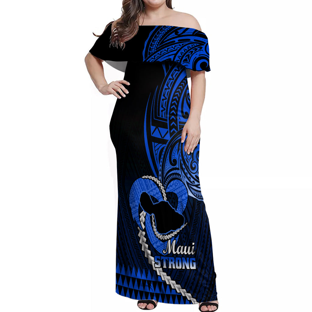 Personalised Hawaii Off Shoulder Maxi Dress Maui Be Strong Kakau Blue Version LT01 Women Blue - Polynesian Pride