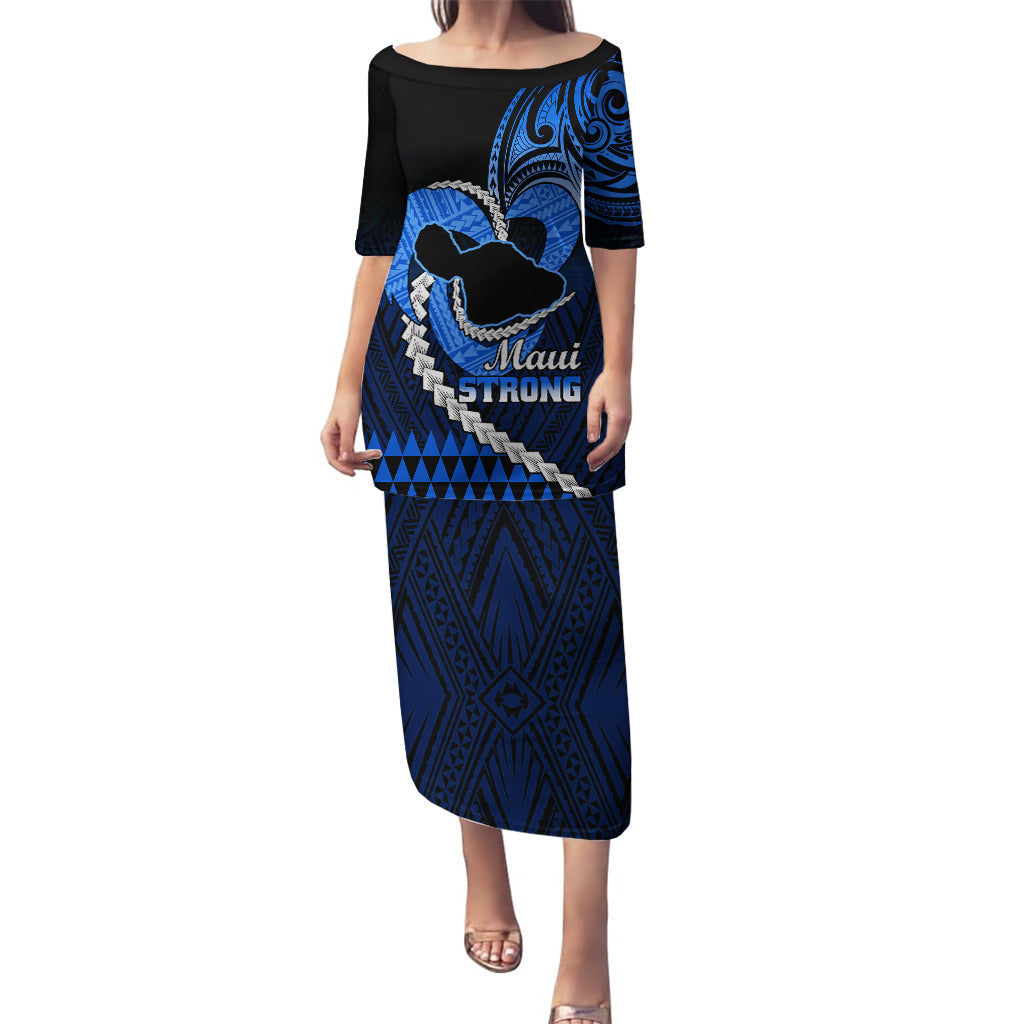 Personalised Hawaii Puletasi Maui Be Strong Kakau Blue Version LT01 Long Dress Blue - Polynesian Pride