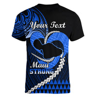 Personalised Hawaii Women V Neck T Shirt Maui Be Strong Kakau Blue Version LT01 - Polynesian Pride