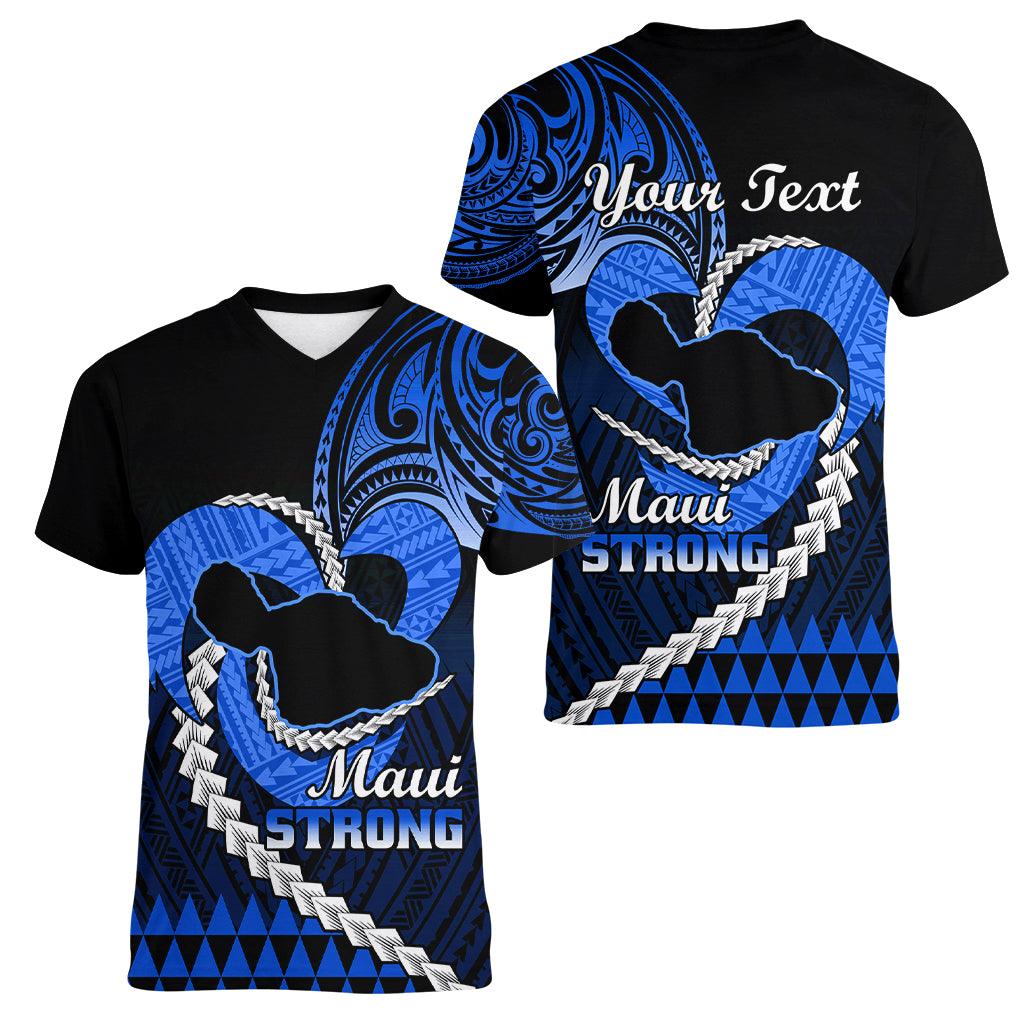 Personalised Hawaii Women V Neck T Shirt Maui Be Strong Kakau Blue Version LT01 - Polynesian Pride