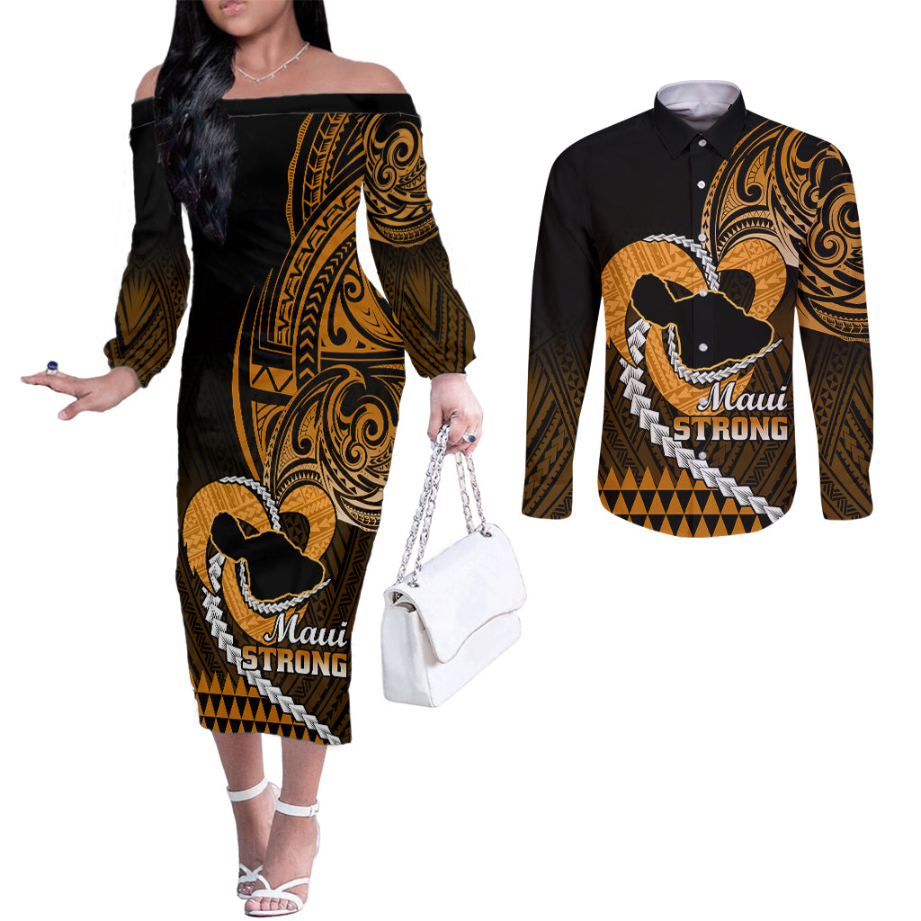 Personalised Hawaii Couples Matching Off The Shoulder Long Sleeve Dress and Long Sleeve Button Shirts Maui Be Strong Kakau Gold Version LT01 Gold - Polynesian Pride