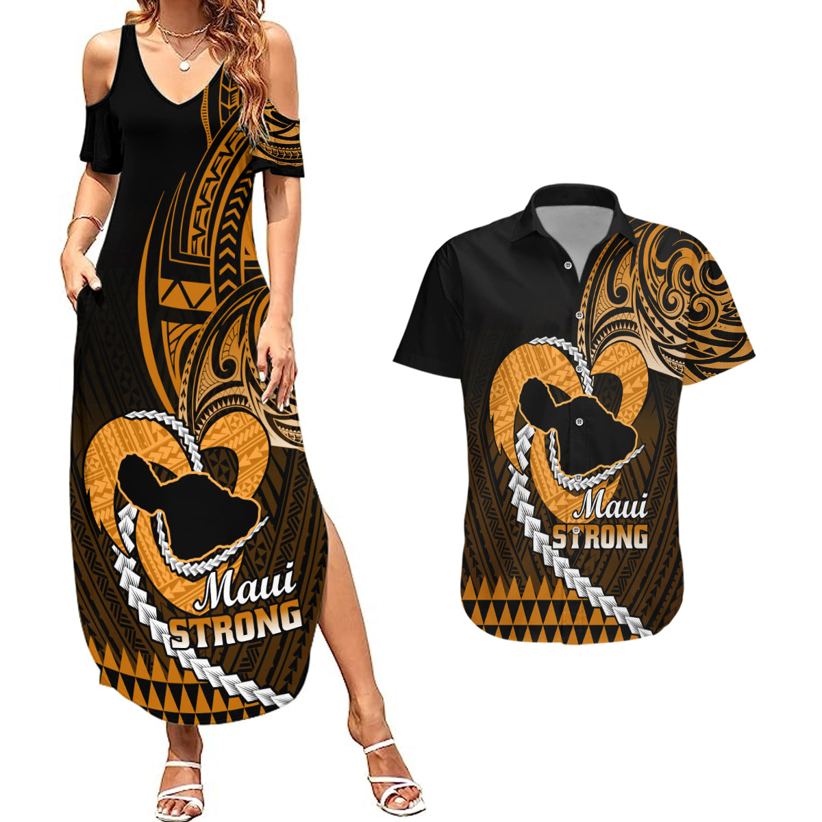 Personalised Hawaii Couples Matching Summer Maxi Dress and Hawaiian Shirt Maui Be Strong Kakau Gold Version LT01 Gold - Polynesian Pride