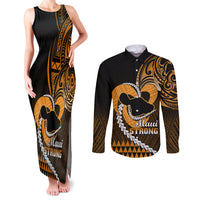 Personalised Hawaii Couples Matching Tank Maxi Dress and Long Sleeve Button Shirts Maui Be Strong Kakau Gold Version LT01 Gold - Polynesian Pride